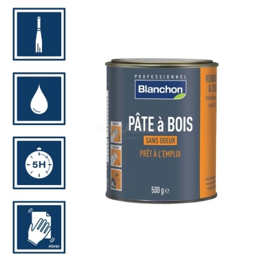 Pictos : application spatule; recouvrable aprÚs 5h; nettoyage ustensiles à l'eau; ponçage aprÚs 40 mn