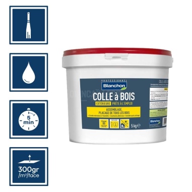 Pictos : application à la spatule, séchage 5min, nettoyage ustensiles à eau, rendement 300gr/m²/face