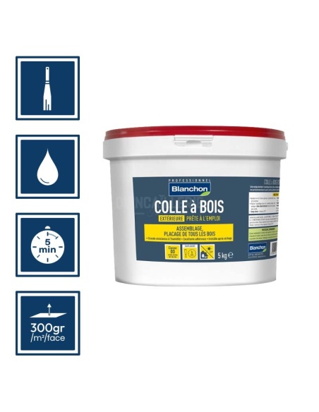 Pictos : application à la spatule, séchage 5min, nettoyage ustensiles à eau, rendement 300gr/m²/face