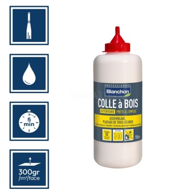 Pictos : application à la spatule, séchage 5min, nettoyage ustensiles à eau, rendement 300gr/m²/face