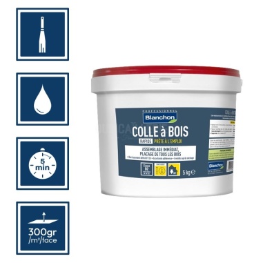 Pictos : application à la spatule, séchage 5min, nettoyage ustensiles à eau, rendement 300gr/m²/face