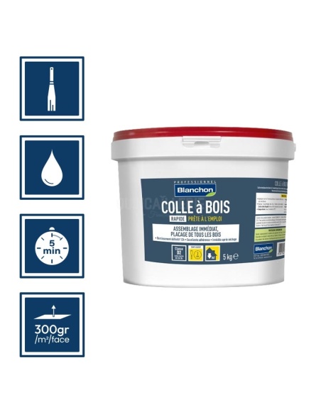 Pictos : application à la spatule, séchage 5min, nettoyage ustensiles à eau, rendement 300gr/m²/face