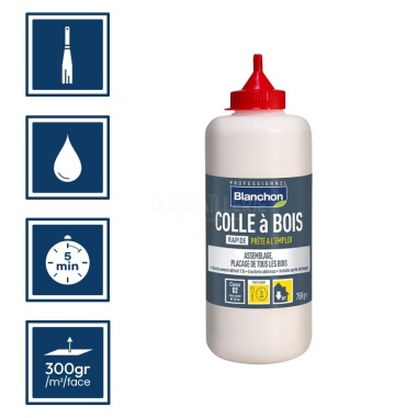 Pictos : application à la spatule, séchage 5min, nettoyage ustensiles à eau, rendement 300gr/m²/face