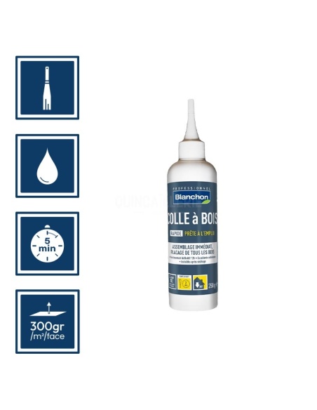 Pictos : application à la spatule, séchage 5min, nettoyage ustensiles à eau, rendement 300gr/m²/face