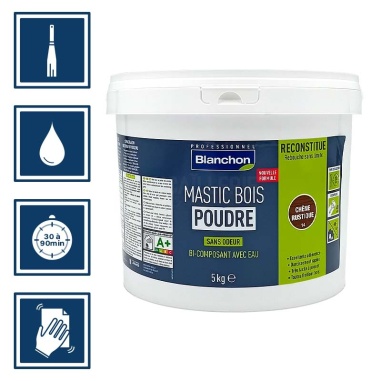 Pictos : application à la spatule, temps de séchage entre 30 à 90 minutes, nettoyage des ustensiles à l'eau, poncer