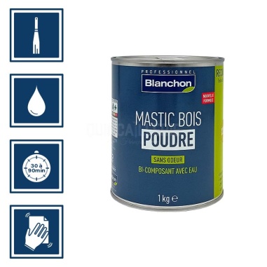 Pictos : application à la spatule, temps de séchage entre 30 à 90 minutes, nettoyage des ustensiles à l'eau, poncer