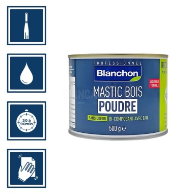 Pictos : application à la spatule, temps de séchage entre 30 à 90 minutes, nettoyage des ustensiles à l'eau, poncer