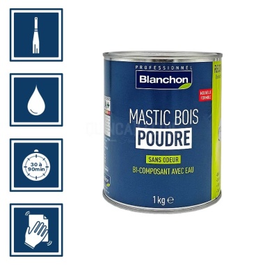 Pictos : application à la spatule, temps de séchage entre 30 à 90 minutes, nettoyage des ustensiles à l'eau, poncer