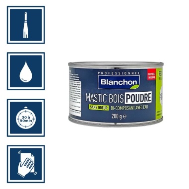 Pictos : application à la spatule, temps de séchage entre 30 à 90 minutes, nettoyage des ustensiles à l'eau, poncer