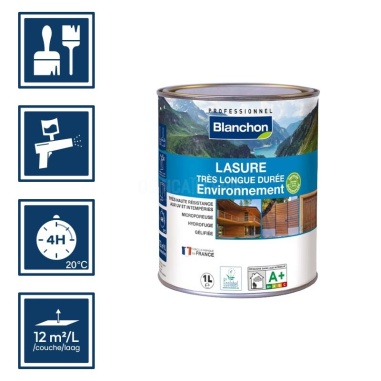 Pictos : application; séchage complet 4h; utilisation pistolet; rendement 12m²/l/couche