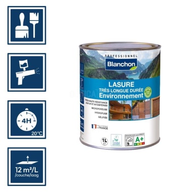 Pictos : application; séchage complet 4h; utilisation pistolet; rendement 12m²/l/couche