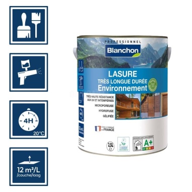 Pictos : application; sĂ©chage complet 4h; utilisation pistolet; rendement 12mÂČ/l/couche