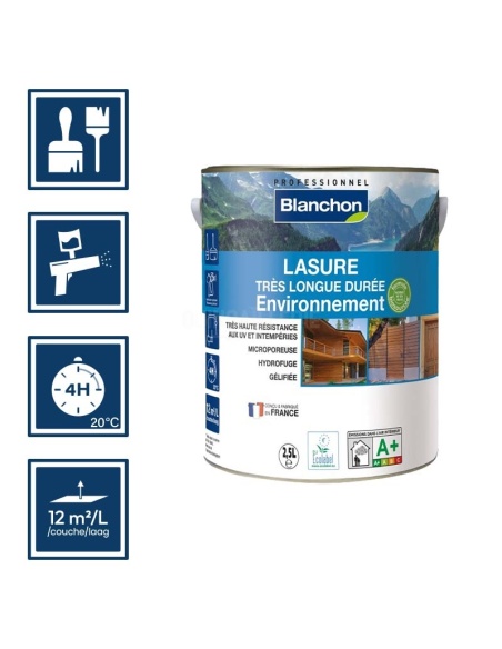Pictos : application; séchage complet 4h; utilisation pistolet; rendement 12m²/l/couche