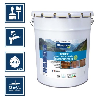 Pictos : application; séchage complet 4h; utilisation pistolet; rendement 12m²/l/couche