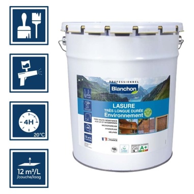 Pictos : application; séchage complet 4h; utilisation pistolet; rendement 12m²/l/couche