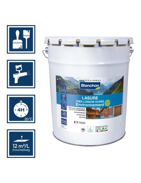 Pictos : application; séchage complet 4h; utilisation pistolet; rendement 12m²/l/couche