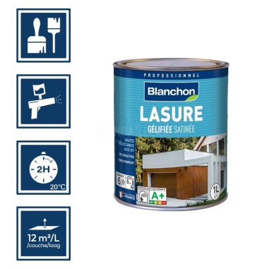 Pictos : Application pinceaux, utilisation pistolet à peinture, séchage 2h, rendement 12m²/L/couche
