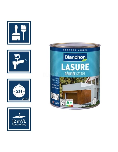 Pictos : Application pinceaux, utilisation pistolet à peinture, séchage 2h, rendement 12m²/L/couche
