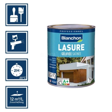 Pictos : application; séchage complet 2h; utilisation pistolet; rendement 12m²/l/couches