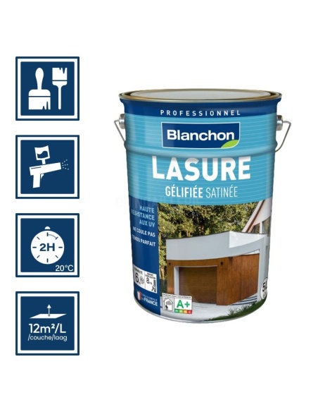Pictos : application; séchage complet 2h; utilisation pistolet; rendement 12m²/l/couches
