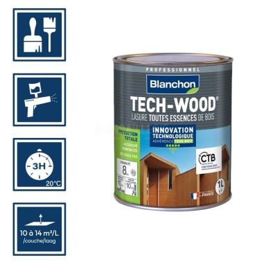 Pictos : application; séchage complet 3h; utilisation pistolet; rendement 10 à 14m²/l/couches