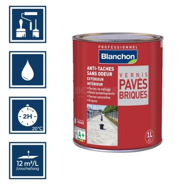 Pictos : application; temps de séchage 2h; nettoyage ustensiles à l'eau; rendement 12m²/l/couches