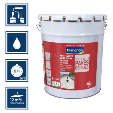 Pictos : application; temps de séchage 2h; nettoyage ustensiles à l'eau; rendement 12m²/l/couches