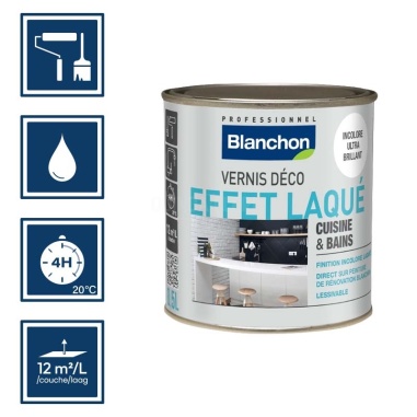 Pictos : application; temps de séchage 4h; nettoyage ustensiles à l'eau; rendement 12m²/l/couches