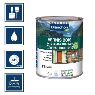 Pictos : application; temps de séchage 6h; nettoyage ustensiles à l'eau; rendement 12m²/l/couches