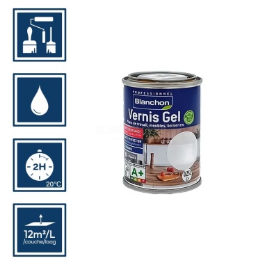 Pictos : application; temps de sĂ©chage 2h; nettoyage ustensiles Ă  l'eau; rendement 12mÂČ/l/couches