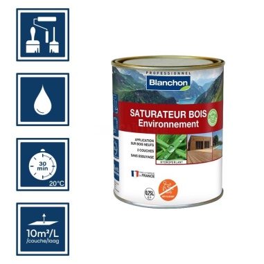 Pictos : application; temps de séchage 30 min; nettoyage à l'eau; 10m²/l/couche