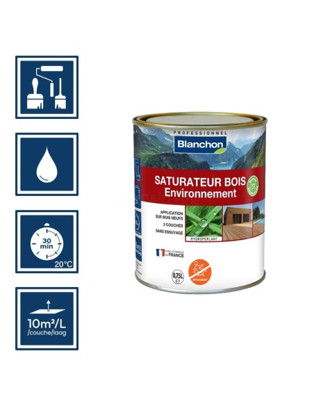 Pictos : application; temps de séchage 30 min; nettoyage à l'eau; 10m²/l/couche