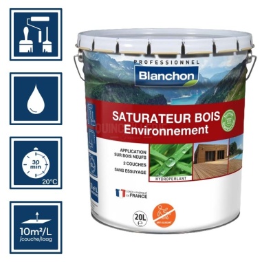 Pictos : application; temps de séchage 30 min; nettoyage à l'eau; 10m²/l/couche