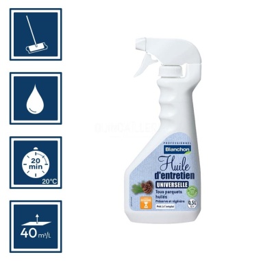 Pictos : application microfibre, nettoyage ustensiles à eau, 20 min de séchage, rendement 40m²/L