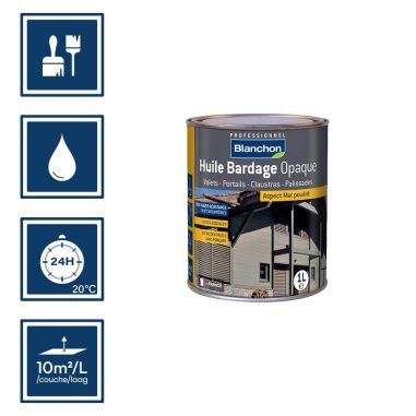 Pictos : application; temps de séchage 24h; nettoyage à l'eau; 10m²/l/couche