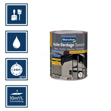 Pictos : application; temps de séchage 24h; nettoyage à l'eau; 10m²/l/couche