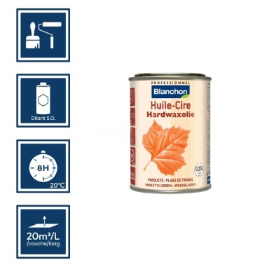 Pictos : application; temps de séchage; nettoyage ustensiles au diluant SO; 20m²/l/couche