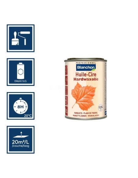 Pictos : application; temps de séchage; nettoyage ustensiles au diluant SO; 20m²/l/couche
