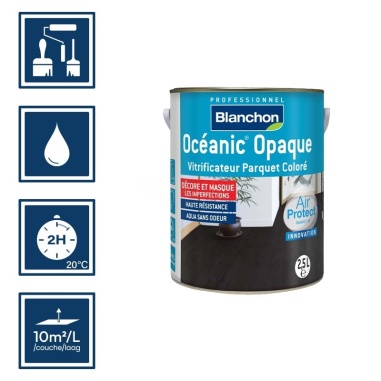 Pictos : application au pinceau, au rouleau ou au spalter / Séchage en 2h 20°C / Nettoyage ustensiles à l'eau / Rendement 10m²/l