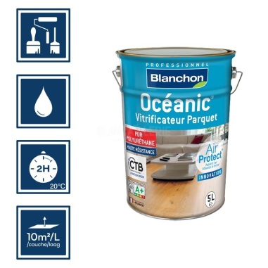 Pictos : application au pinceau, au rouleau ou au spalter / Séchage en 2h 20°C / Nettoyage ustensiles à l'eau / Rendement 10m²/l