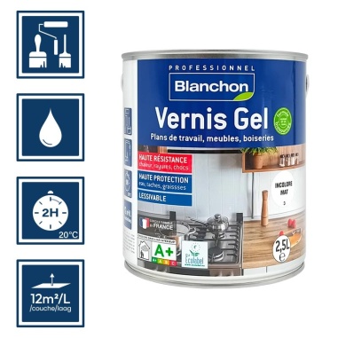 Pictos : application; temps de sĂ©chage 2h; nettoyage ustensiles Ă  l'eau; rendement 12mÂČ/l/couches