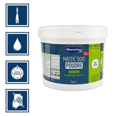 Pictos : application à la spatule, temps de séchage entre 30 à 90 minutes, nettoyage des ustensiles à l'eau, poncer