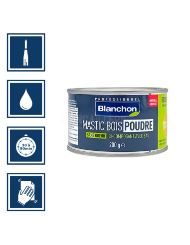 Pictos : application à la spatule, temps de séchage entre 30 à 90 minutes, nettoyage des ustensiles à l'eau, poncer