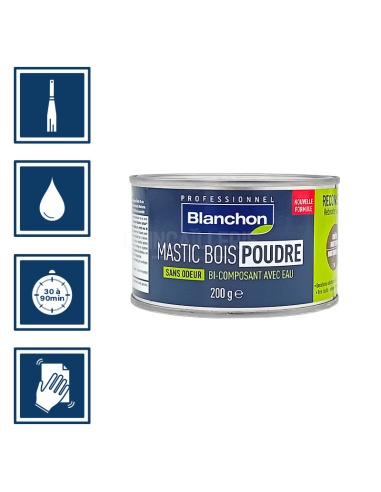 Pictos : application à la spatule, temps de séchage entre 30 à 90 minutes, nettoyage des ustensiles à l'eau, poncer