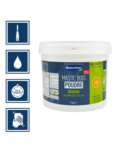 Pictos : application à la spatule, temps de séchage entre 30 à 90 minutes, nettoyage des ustensiles à l'eau, poncer