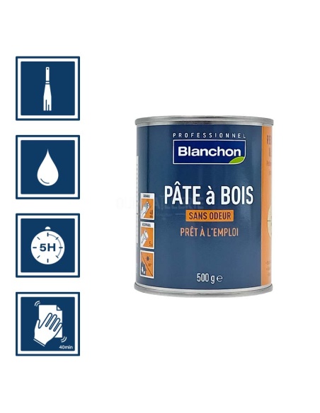 Pictos : application spatule; recouvrable après 5h; nettoyage ustensiles à l'eau; ponçage après 40 mn