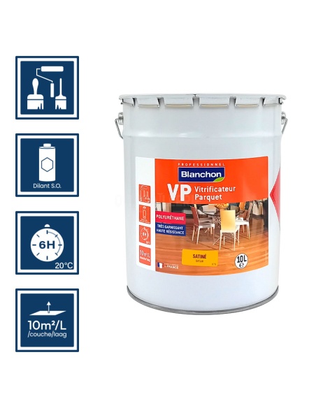 Pictos : application au pinceau, au rouleau ou au spalter / Séchage en 6h 20°C / Nettoyage diluant S.O / Rendement 10m²/l