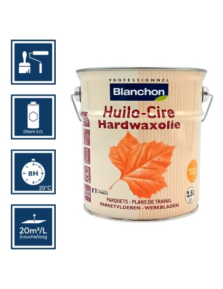 Pictos : application; temps de séchage; nettoyage ustensiles au diluant SO; 20m²/l/couche