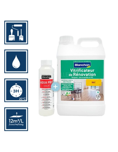 Pictos : application pinceaux/rouleaux; nettoyages ustensiles à eau; séchage 3h; rendement 12m²/l/couche