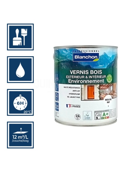 Pictos : application; temps de séchage 6h; nettoyage ustensiles à l'eau; rendement 12m²/l/couches
